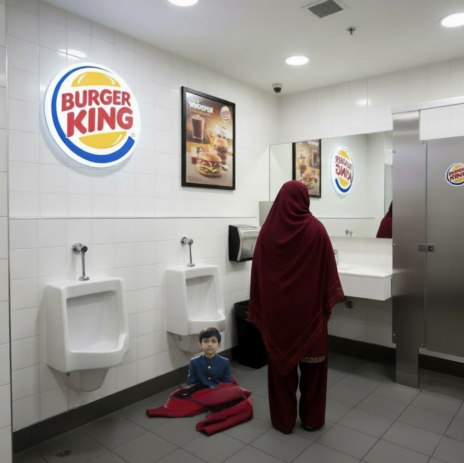 Young Amit abandoned on a red sweater in Burger King bathroom, face obscured by maternal absence