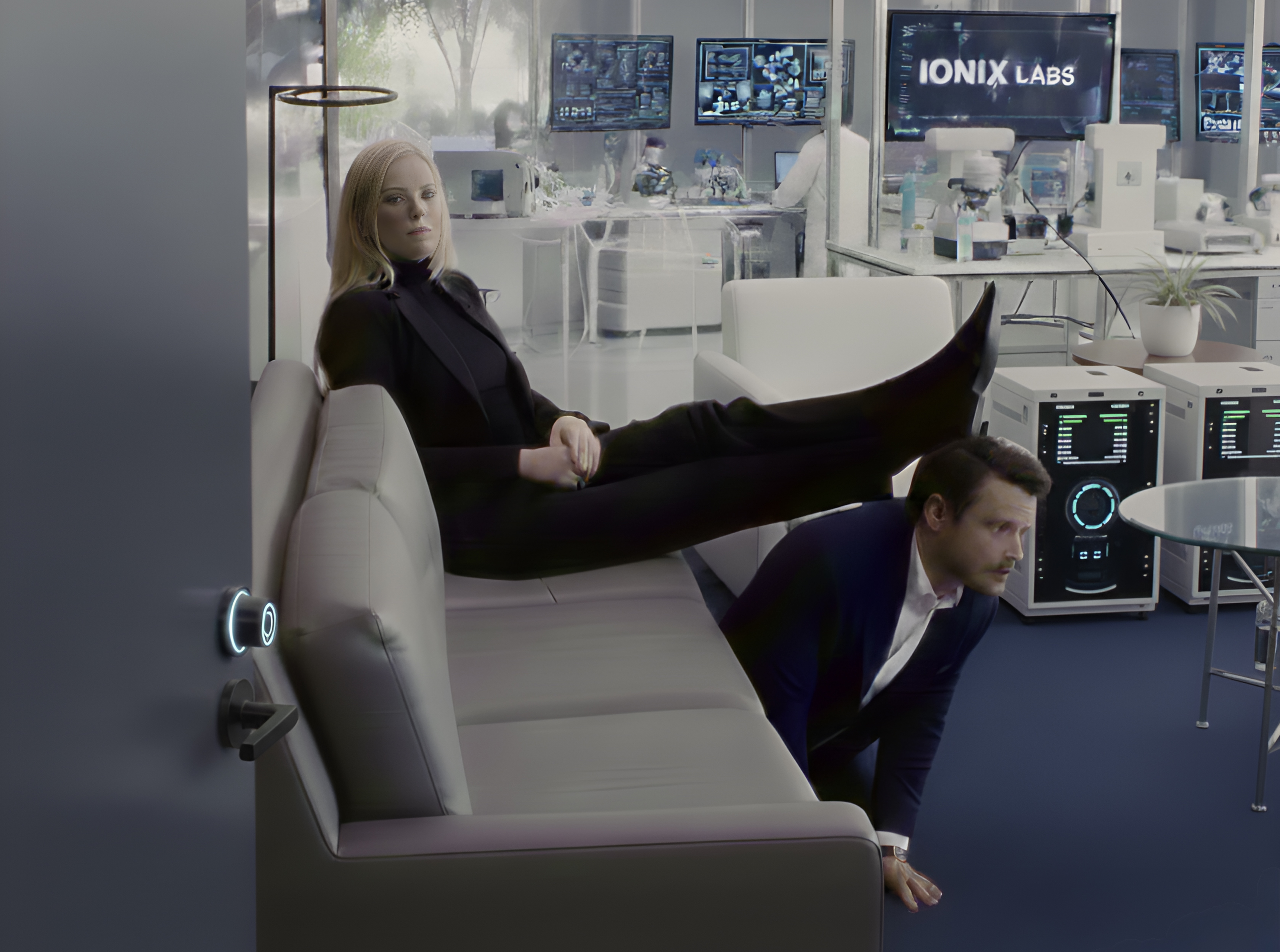 Cole Mercer serving as Lizzie Holmes' footstool while barking obediently